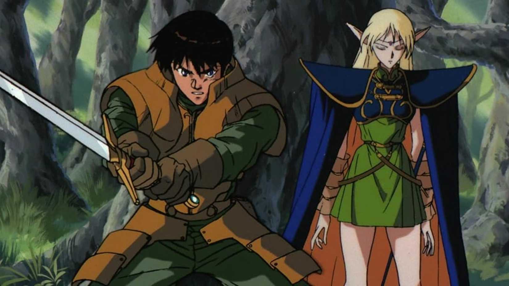 Deedlit stands behind Parn as he holds his sword out in Record of the Lodoss War: Chronicles of the Heroic Knight.