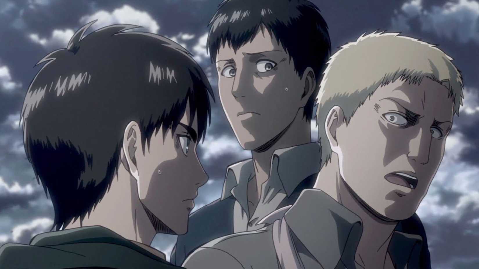 Reiner and Bertholdt talking to Eren in Attack on Titan anime