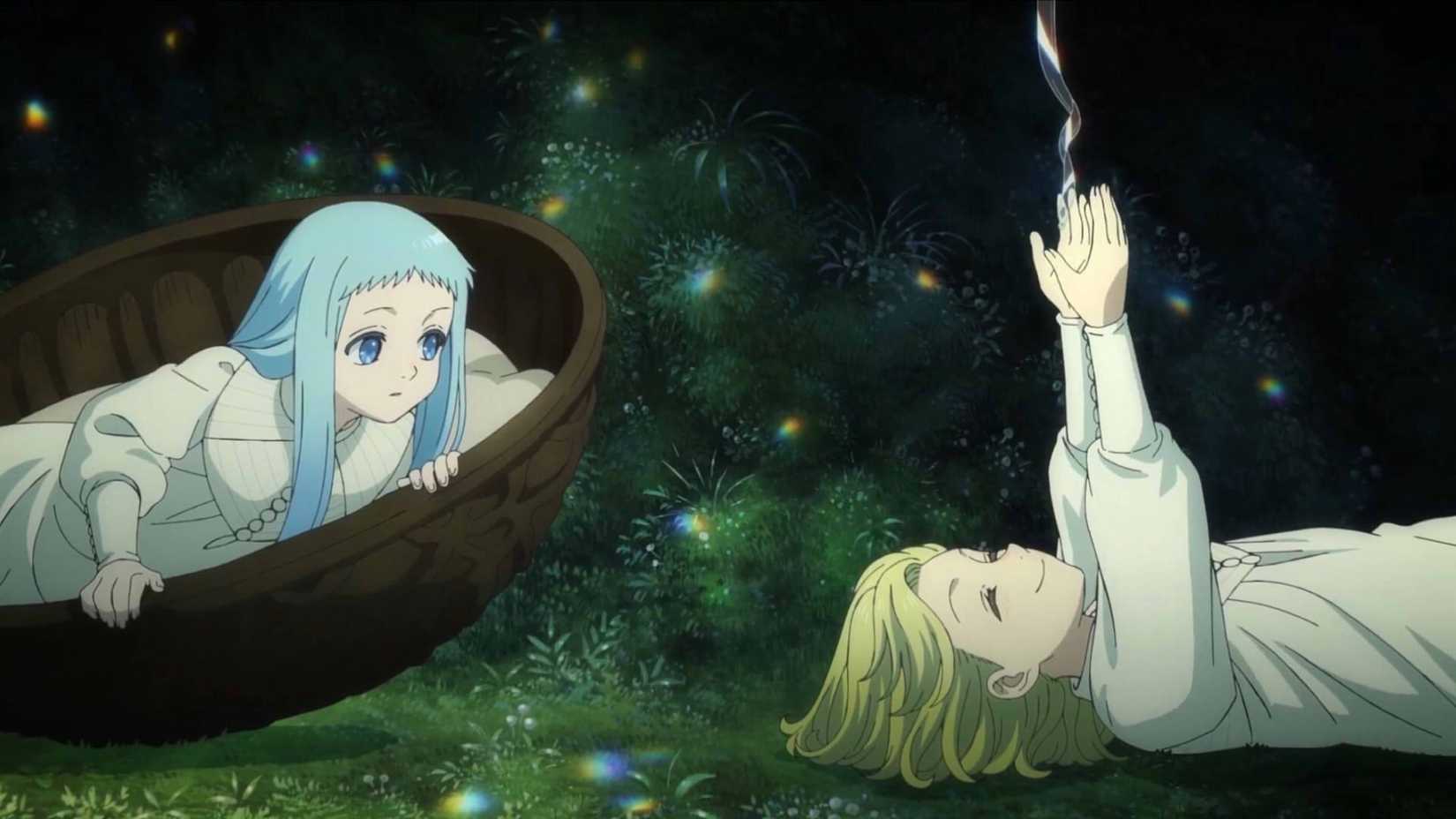 Coco praises Richeh's crystal ribbon spell in Witch Hat Atelier Episode 11.