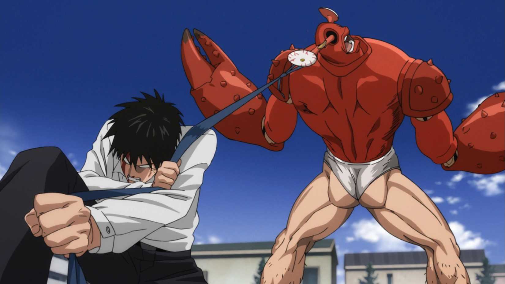 Young Saitama fighting a lobster monster in One Punch Man Episode 1