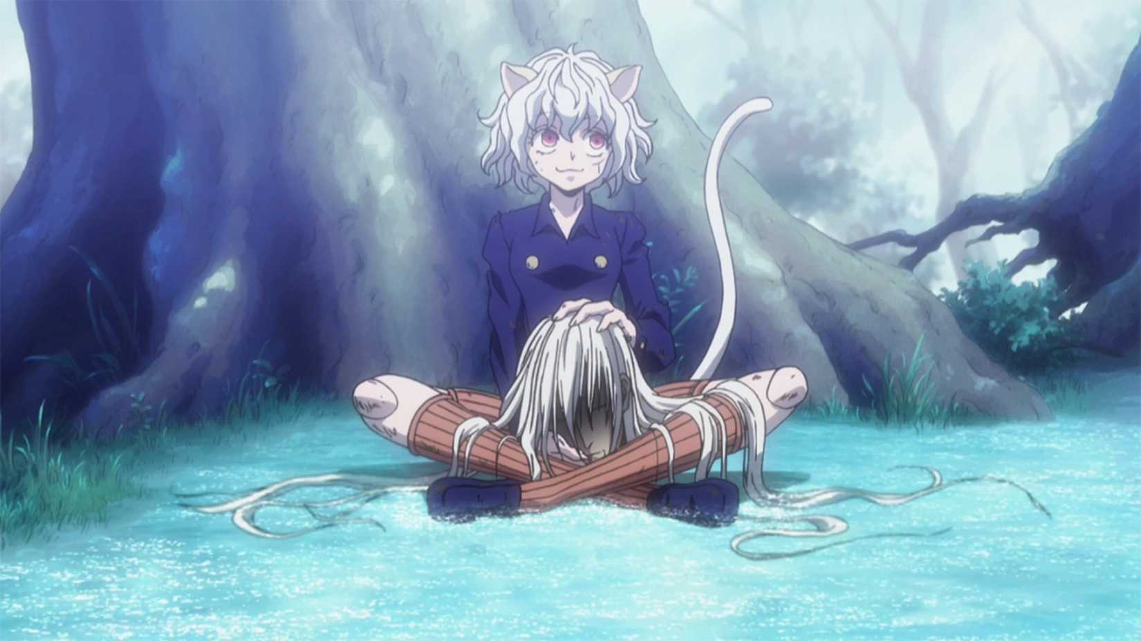 Kite's head sits in the lap of Pitou in Hunter x Hunter anime