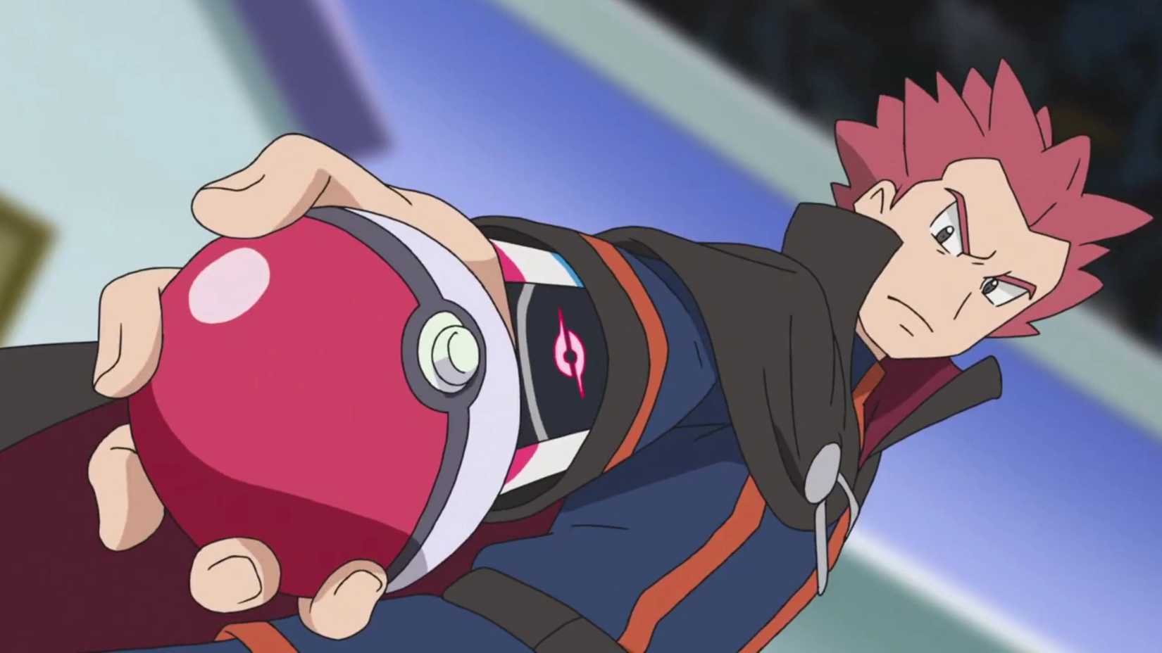 Lance gets ready to send out a Pokemon during a battle in Pokemon anime