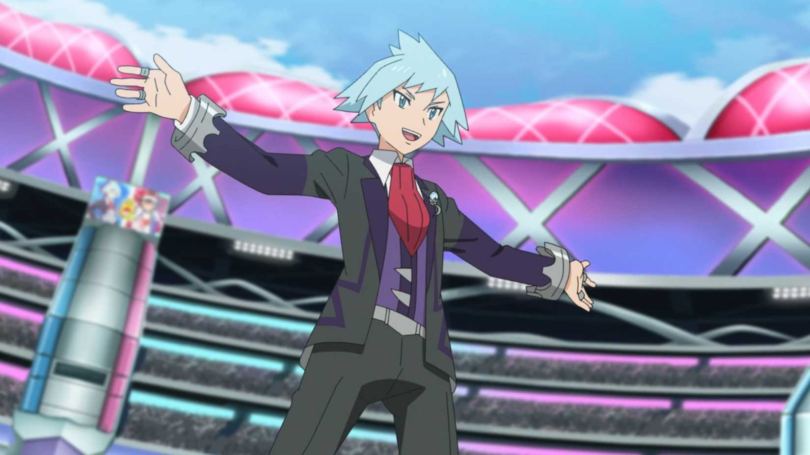 Steven opens his arms in eccentric fashion in Pokemon anime