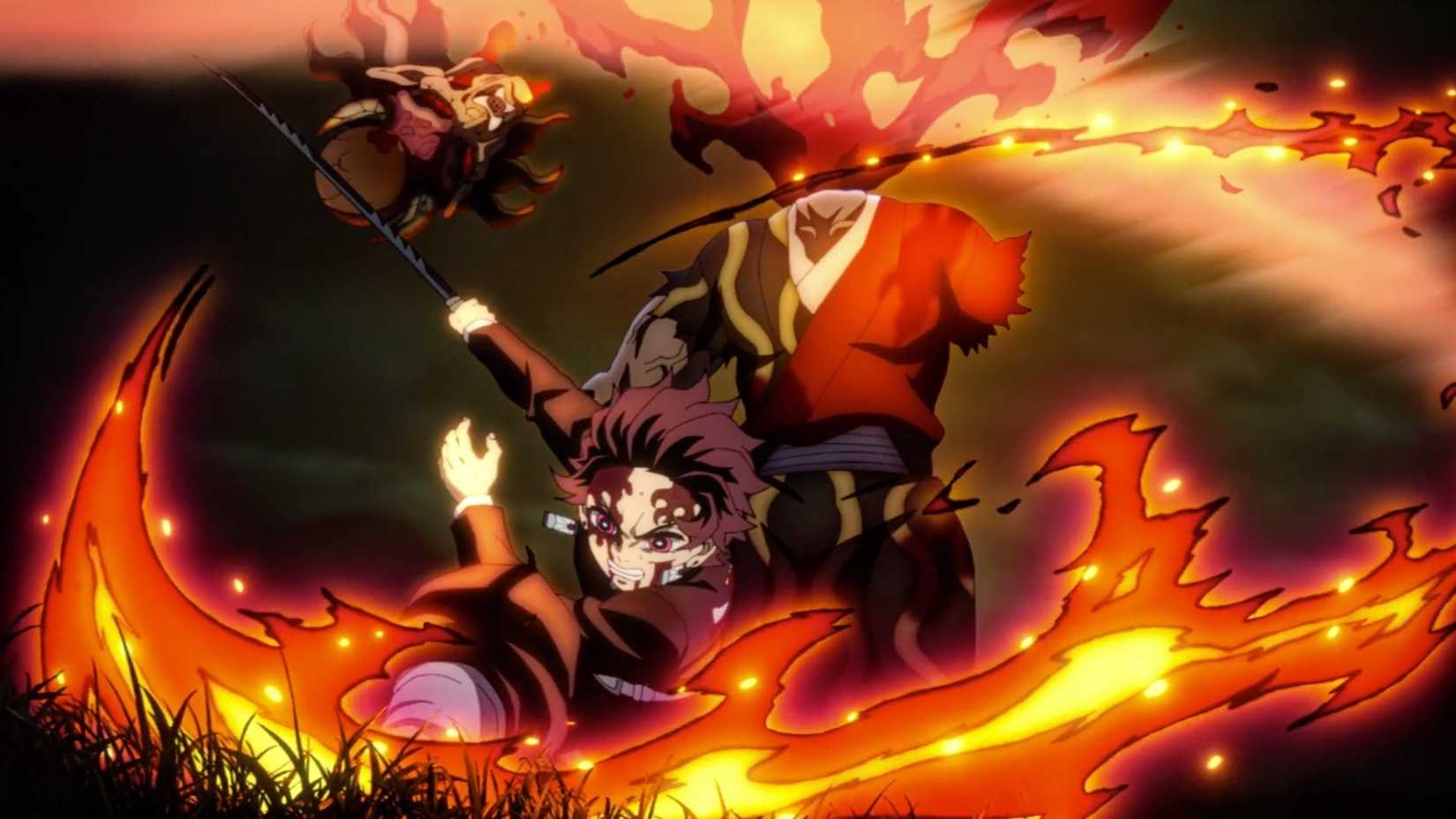 Tanjiro décapite l'une des formes Hantengu dans l'anime Demon Slayer