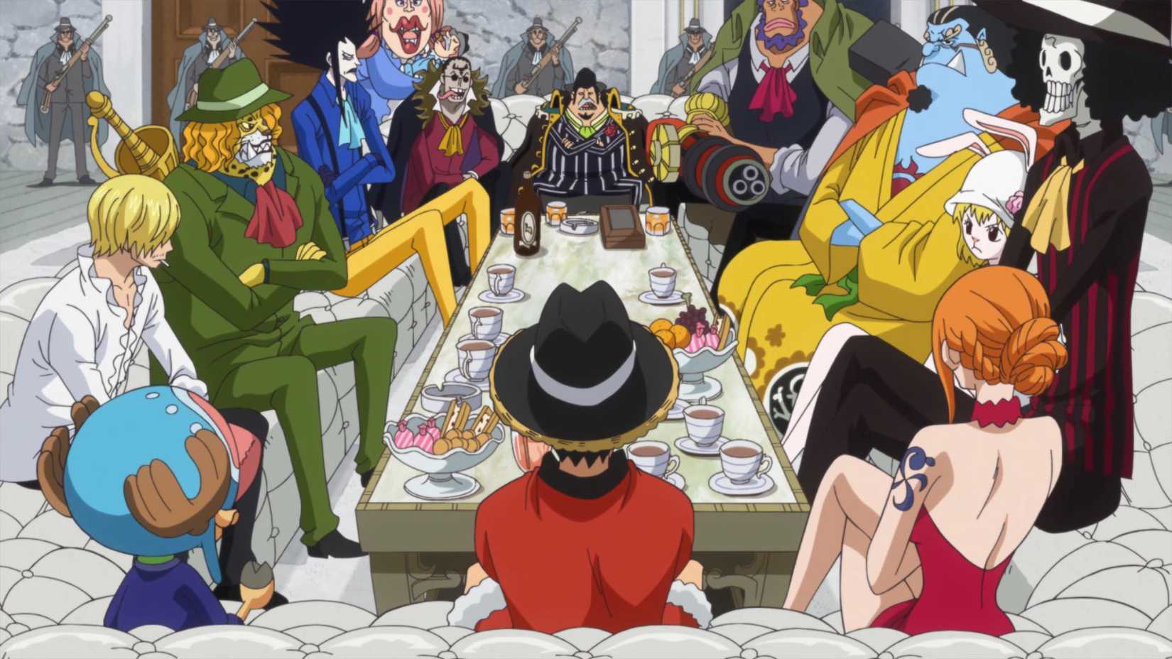 Straw Hat Pirates meet Fire Tank Pirates in the Whole Cake Island arc of One Piece anime