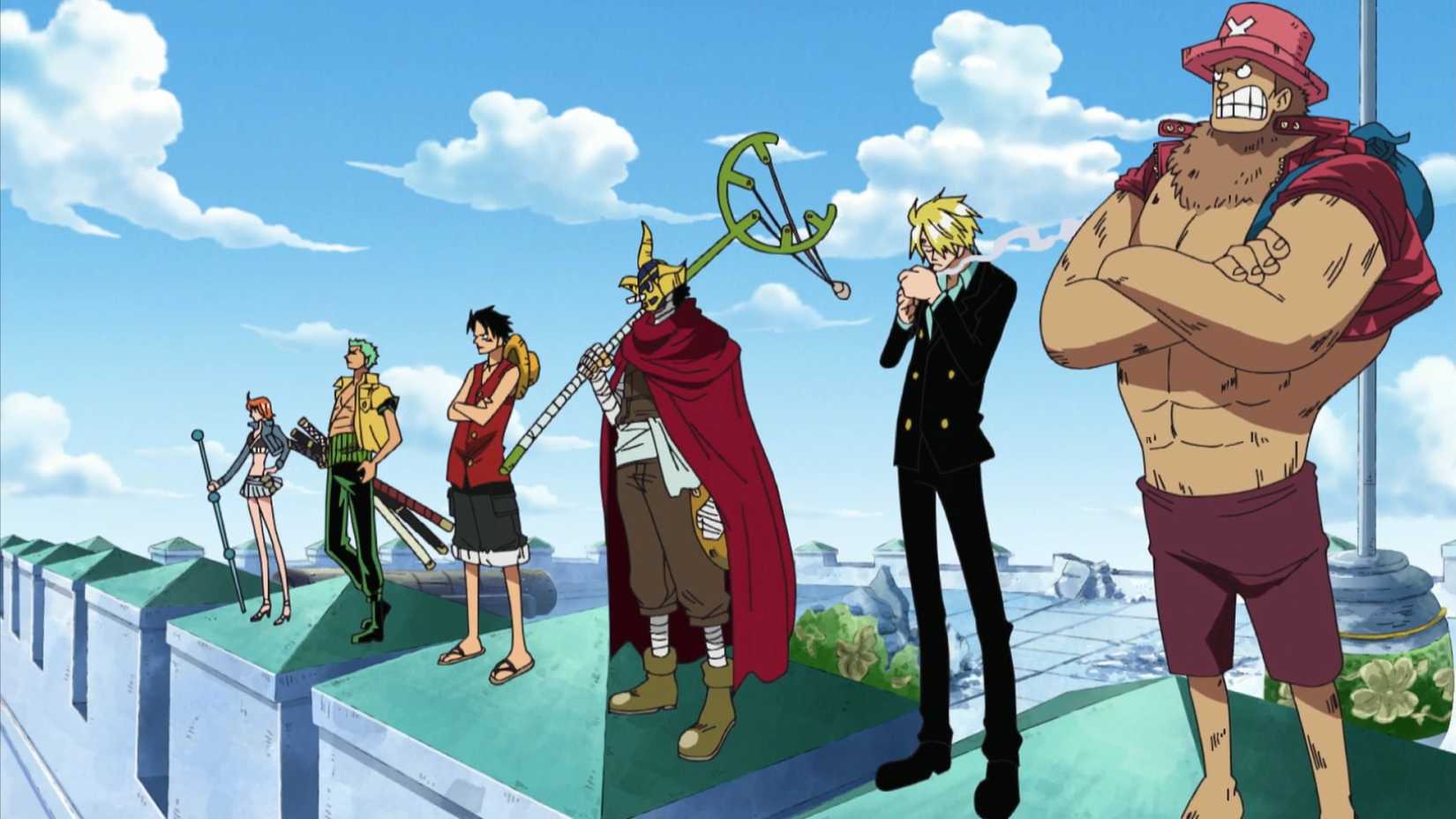 Des chapeaux de paille se tiennent sur le palais de justice dans l'anime de l'arc Enies Lobby de One Piece
