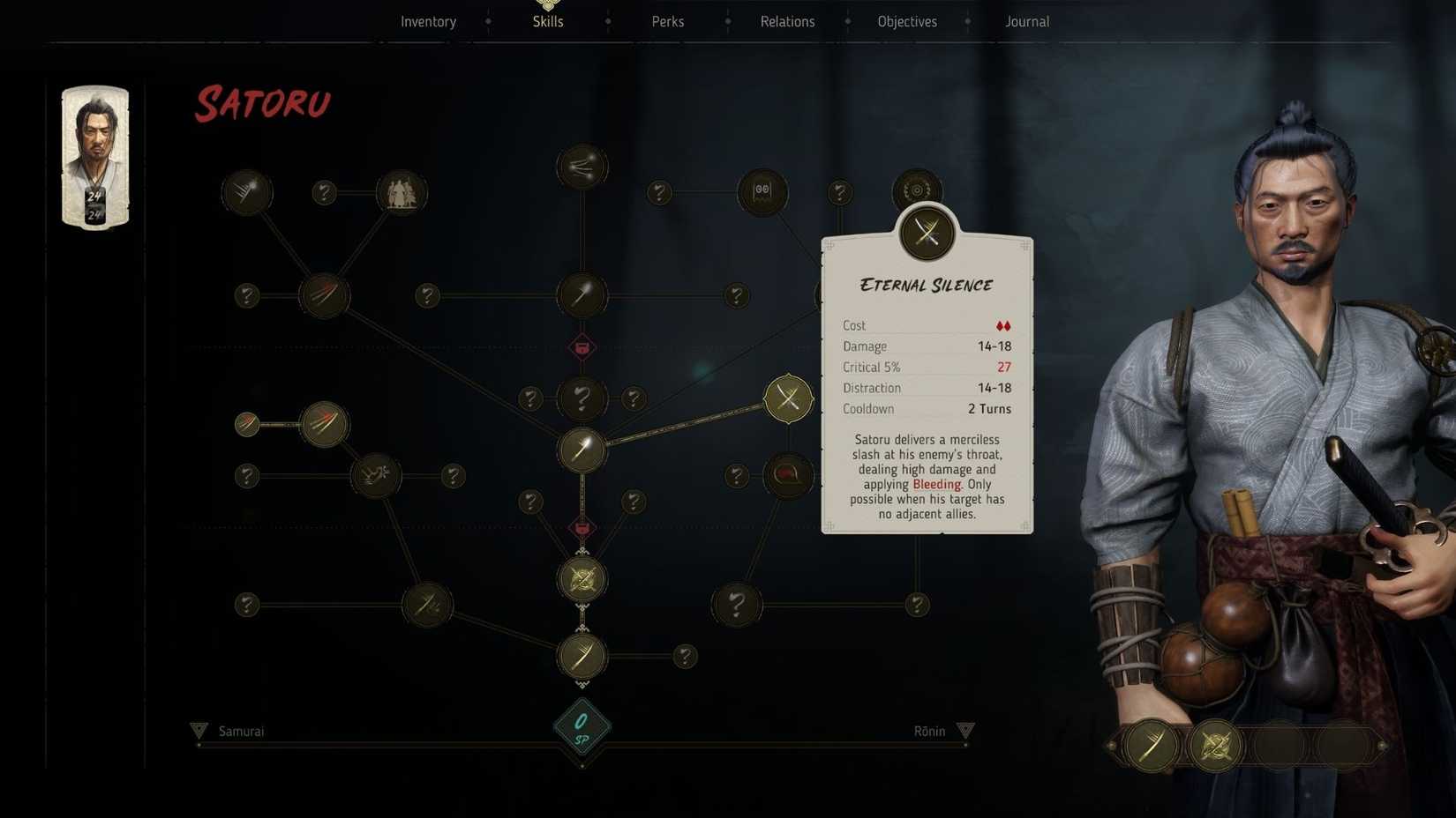 Screenshot of the Skill Tree For Satoru from Shadows of the Road