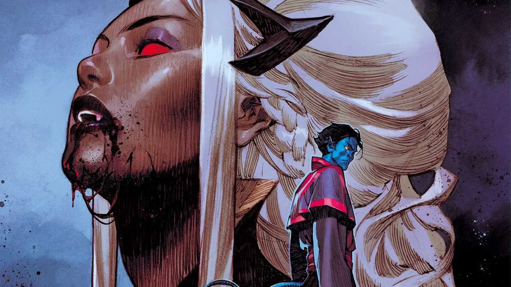 Storm looks vampriric as Nightcrawler stoically contemplates the scene
