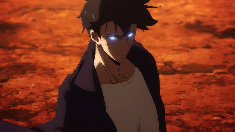 Sung Jinwoo gives a hard stare with glowing eyes in Solo Leveling
