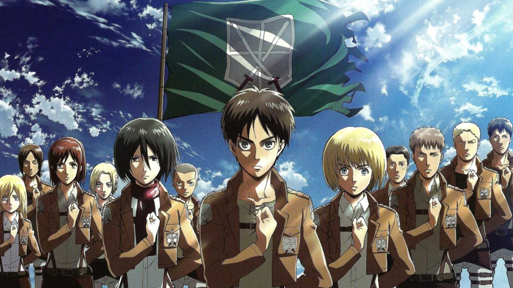 Eren, Mikasa, Armin et le reste des éclaireurs dans L'Attaque des Titans.