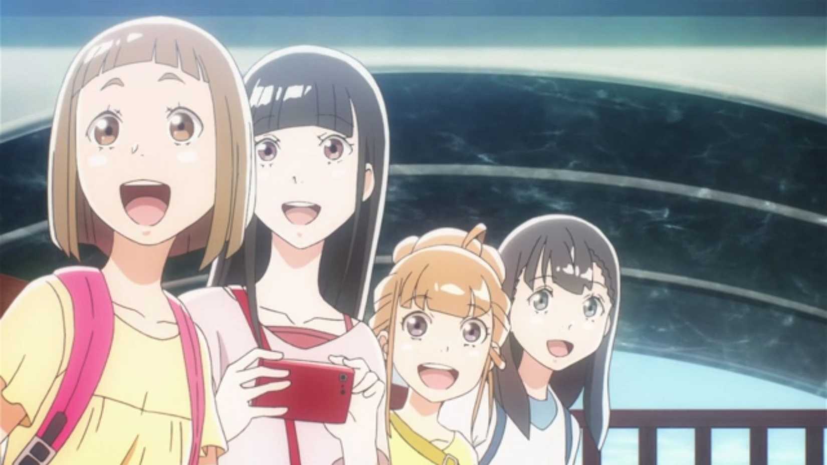 The main characters of A Place Further Than the Universe, exploring the world together