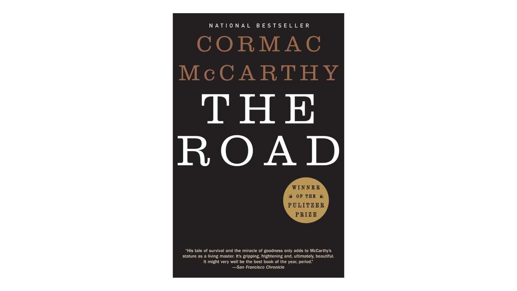 The Road by Cormac McCarthy book cover on a white background