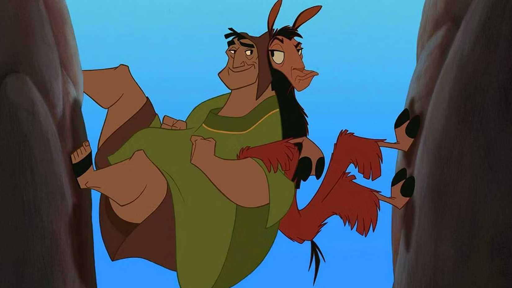 Kuzco and Pacha stand back to pack while stuck in a crevice in The Emperor's New Groove.