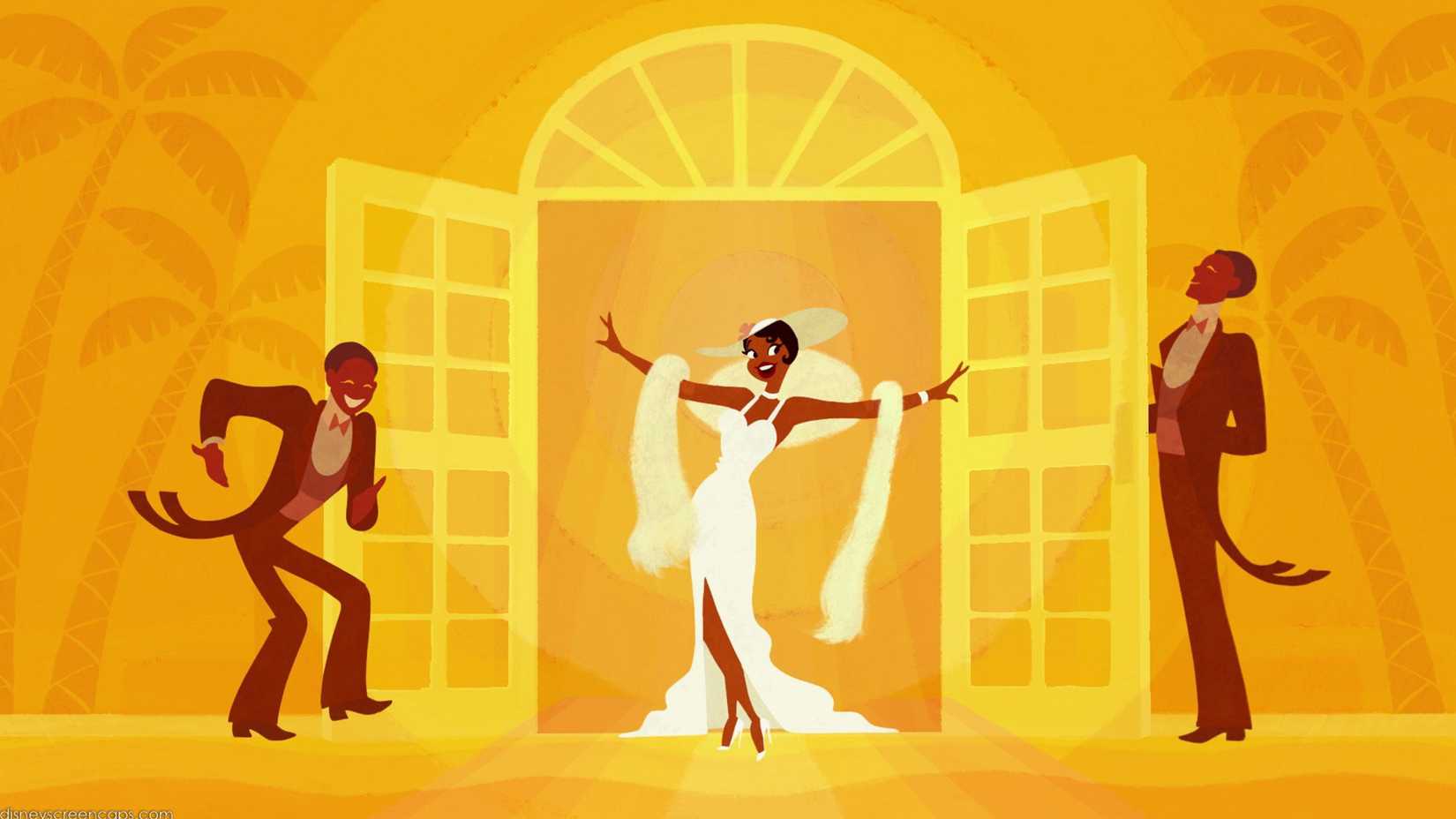 Tiana comes through the door in a white dress in The Princess and the Frog.