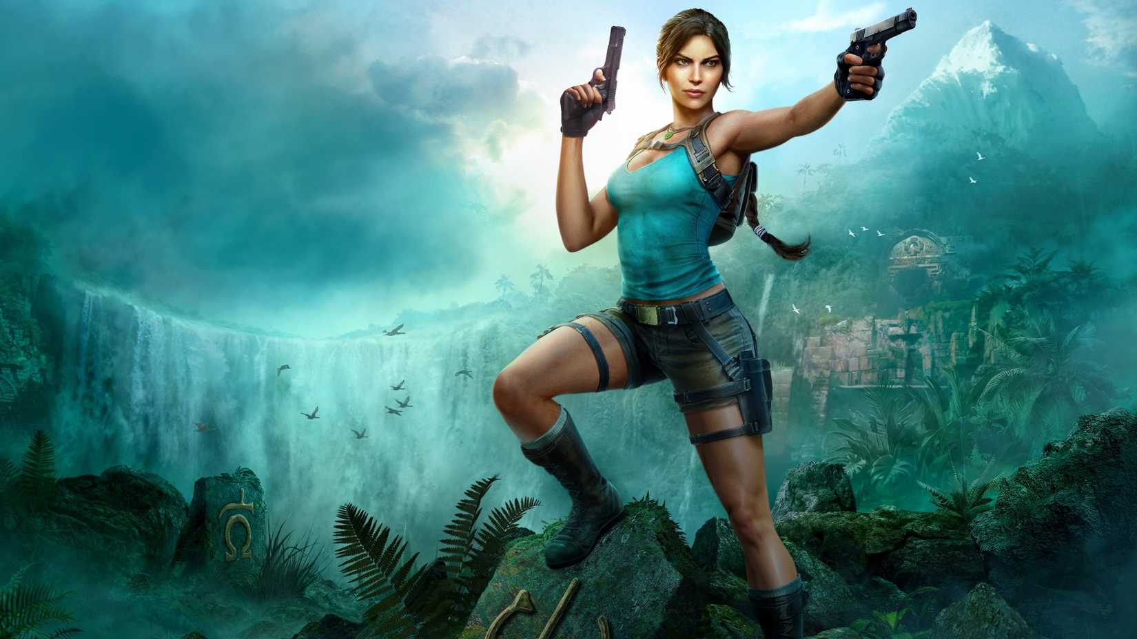 Lara Croft posing on top of a rock in front of a waterfall, holding both of her twin pistols in Tomb Raider Legacy of Atlantis