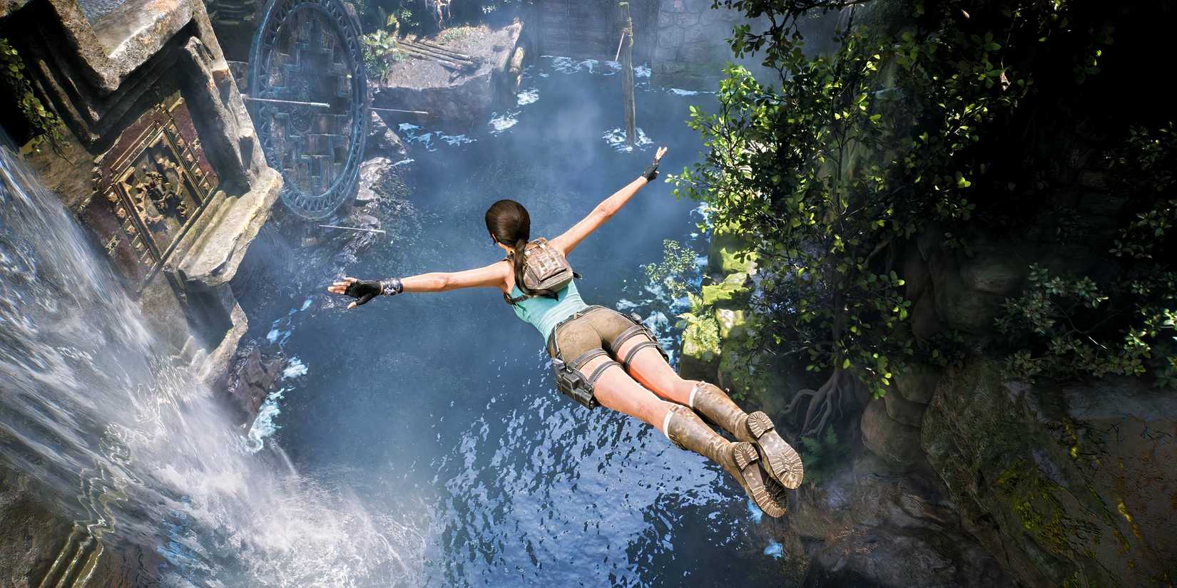 Lara Croft jumping down a waterfall