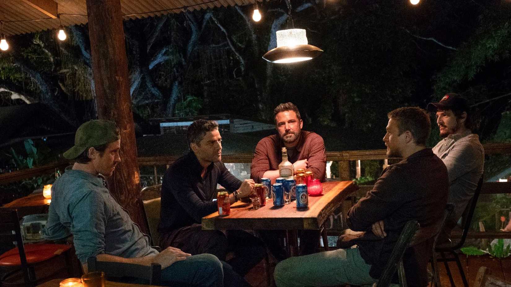 Garrett Hedlund, Oscar Isaac, Ben Affleck, Pedro Pascal, and Charlie Hunnam in Netflix's Triple Frontier