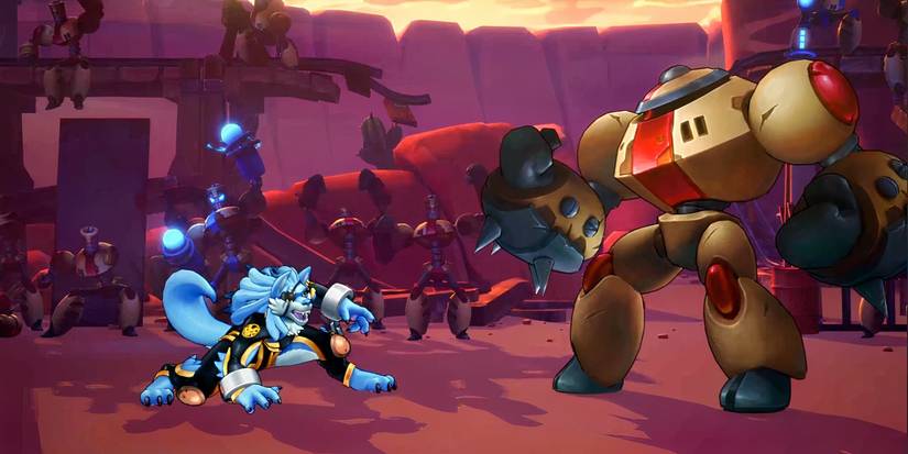 A blue wolf creature fighting against a mecha
