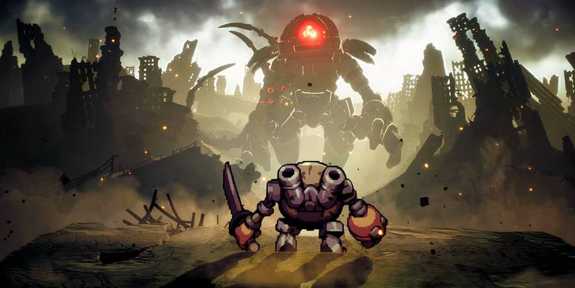 A robot in the foreground with a huge mecha in the background