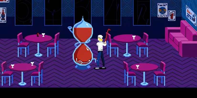 Retro art style showing someone attack a glass container filled with red liquid