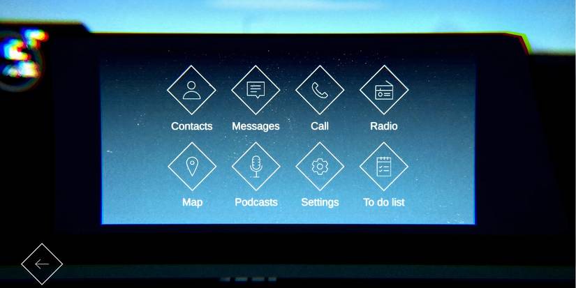 A tablet in a car showing 8 icons