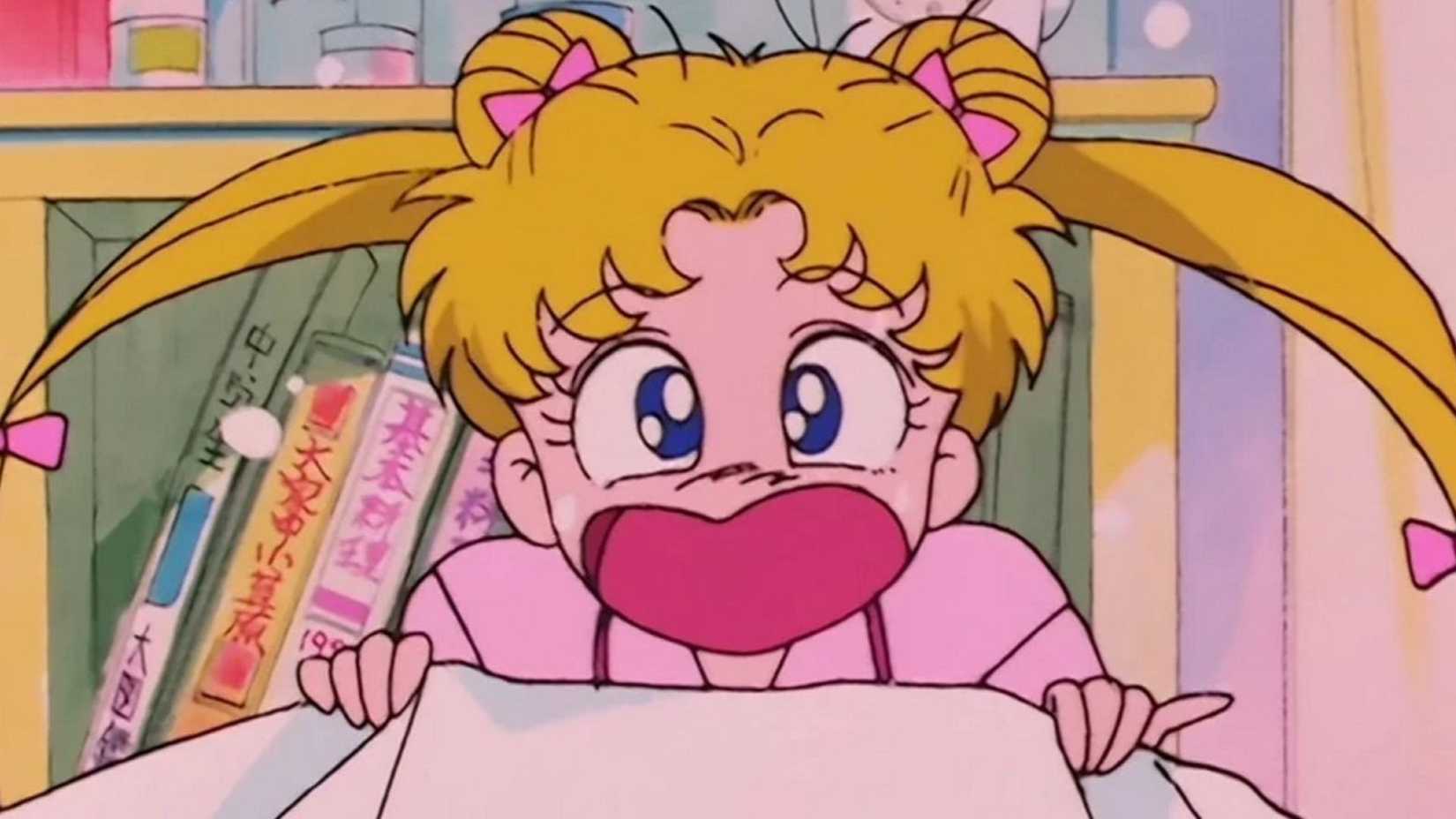 Usagi waking up late in Sailor Moon.