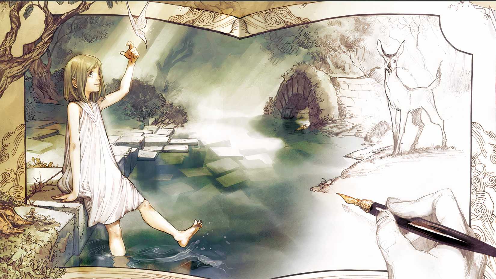 A hand drawing on a book that shows Coco by a pond with a deer in Witch Hat Atelier the manga