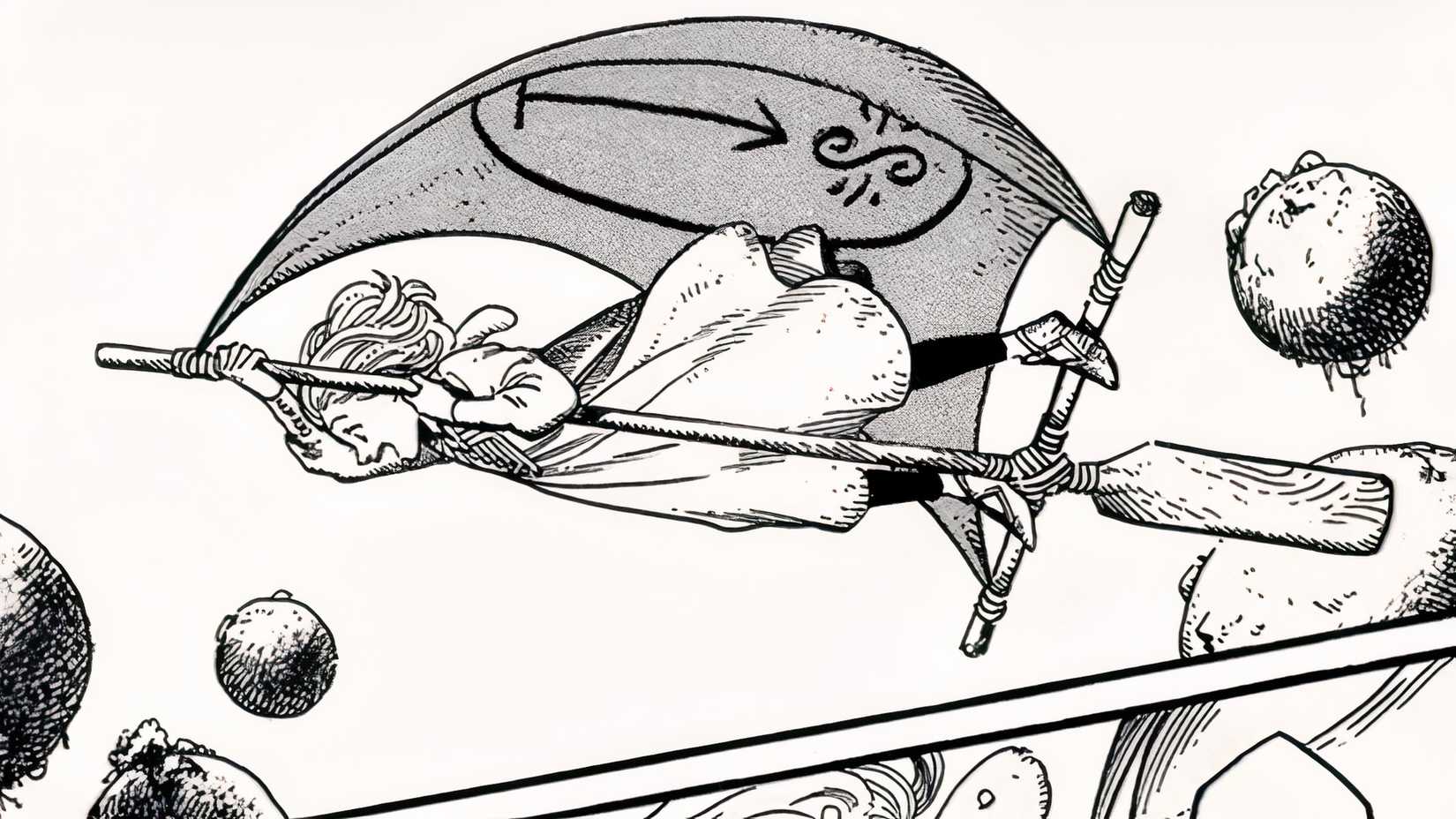 Cocoa flies on her makeshift flying carpet made from a boat sail and oar in the witch hat atelier manga