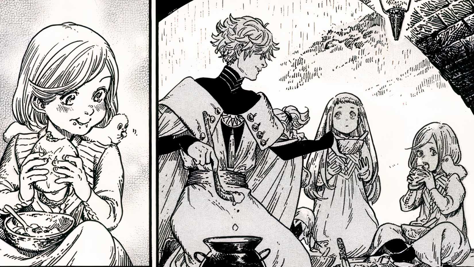 Coco, the brush bunny, Qifrey, Richeh, and Tetia share a meal together under a brige in the Witch hat atelier manga