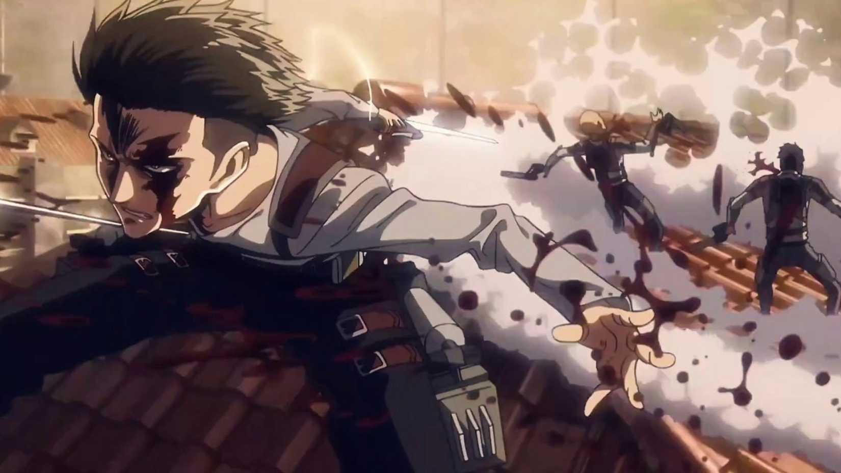 Levi Ackerman slashes through two human fighters in Attack on Titan anime