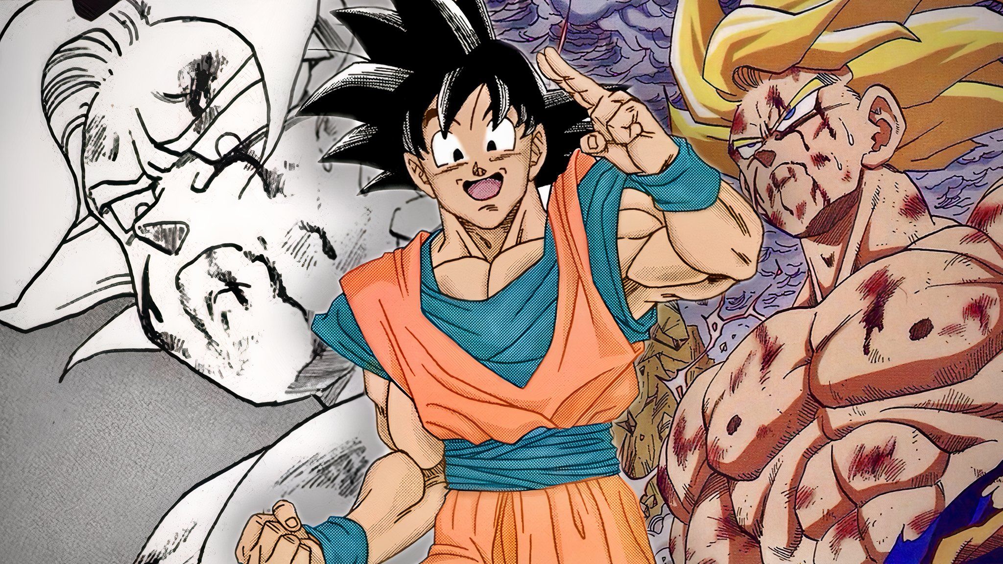 Son Goku in Dragon Ball Super waves goodbye with his DBZ SSJ form behind him