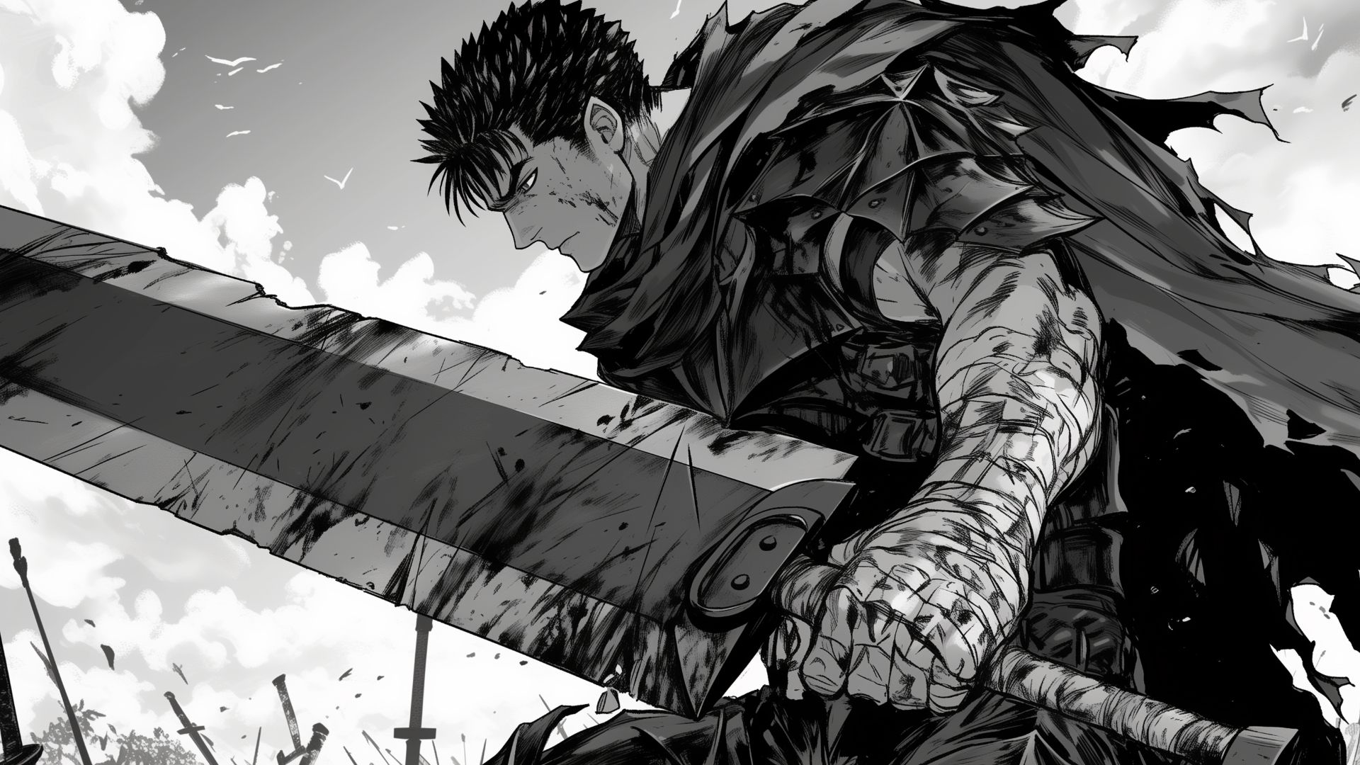 Guts posant avec le Dragon Slayer dans le manga Berserk