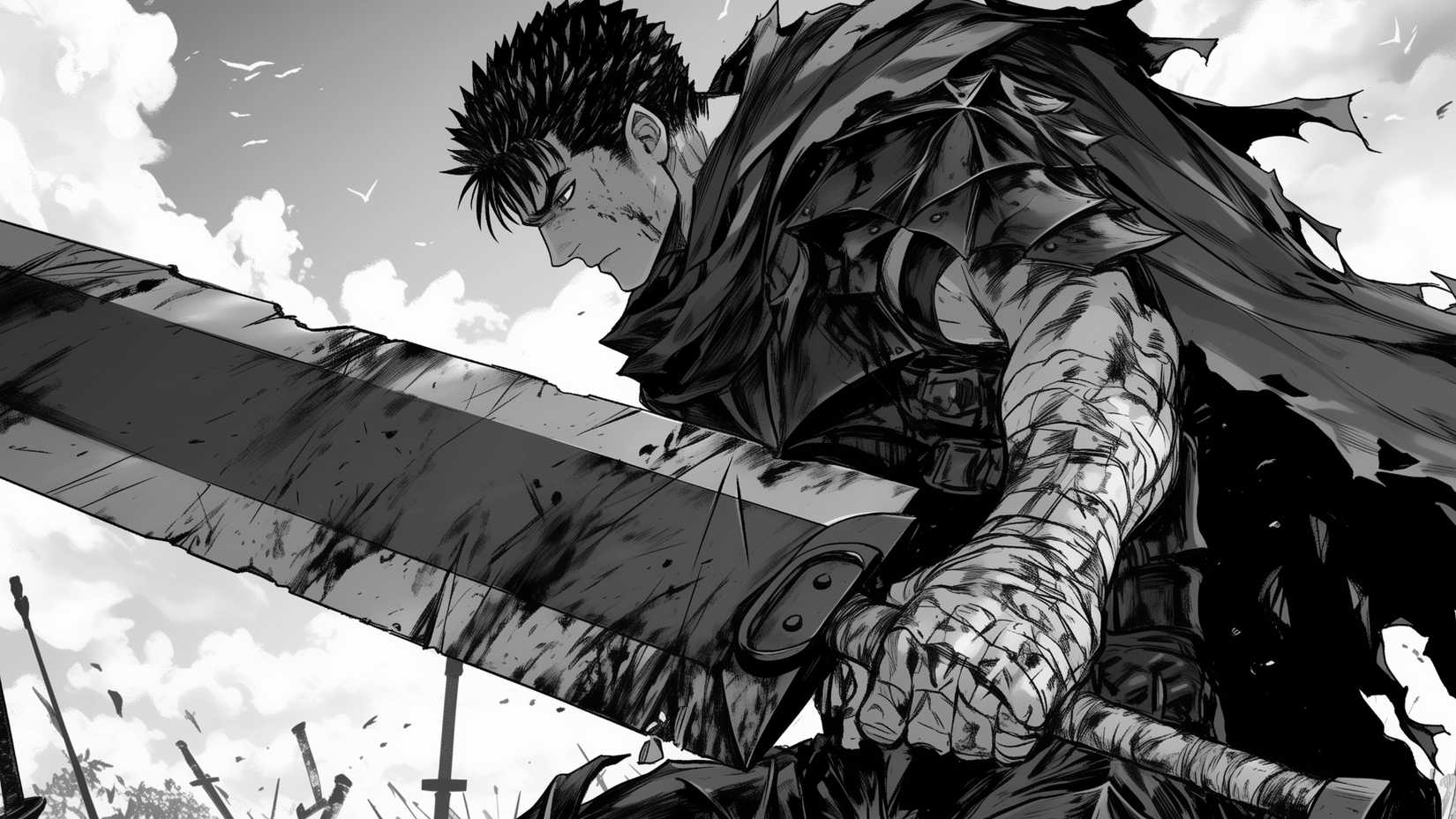 Guts posing with the Dragon Slayer in Berserk manga