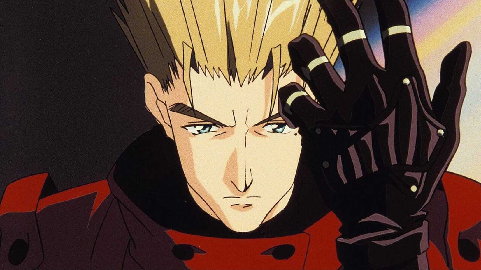 Vash the Stampede puts on his gloves in Trigun.