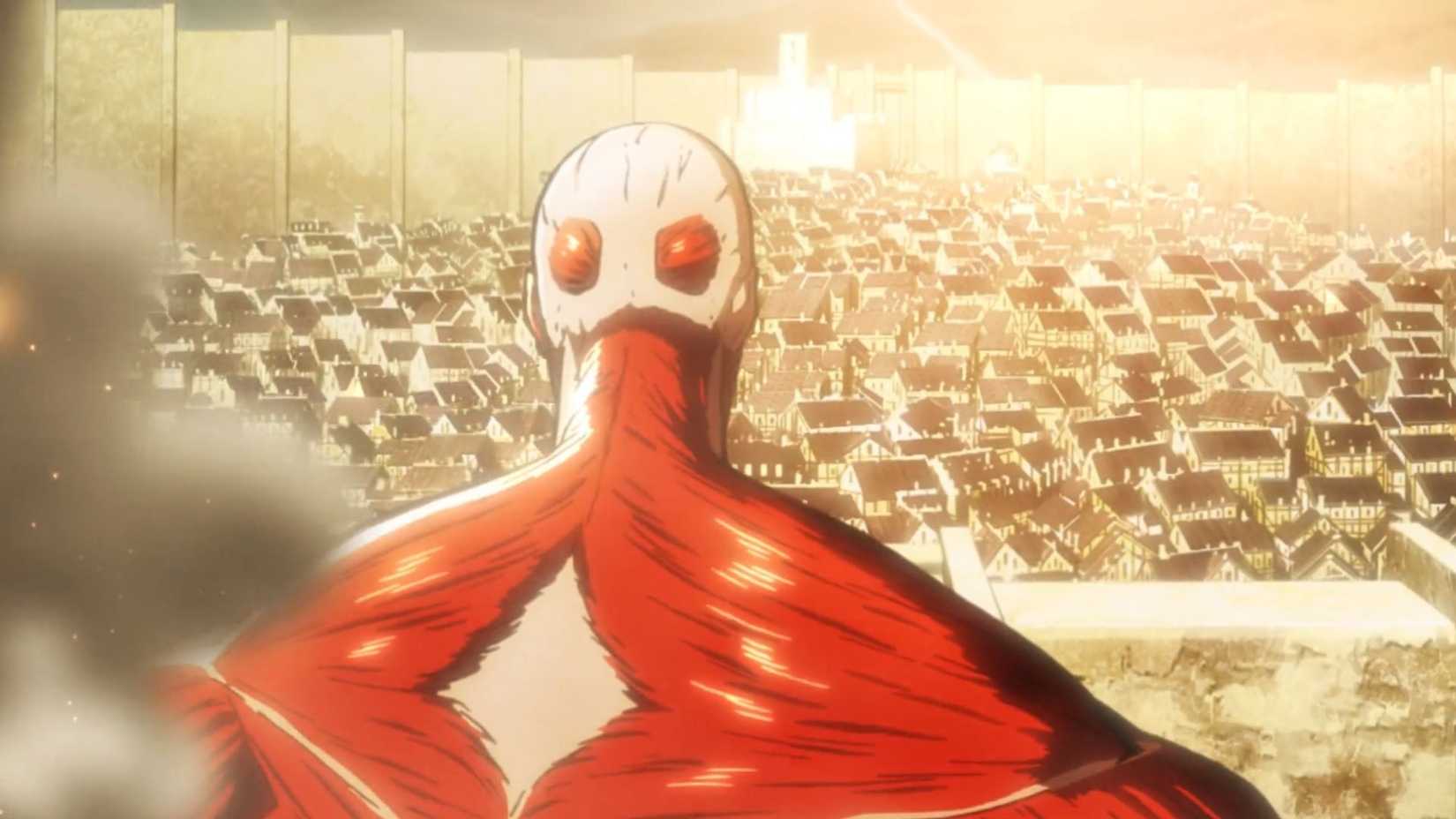 A huge titan looking inside Wall Maria just before invading it in the opening scene of Attack on Titan