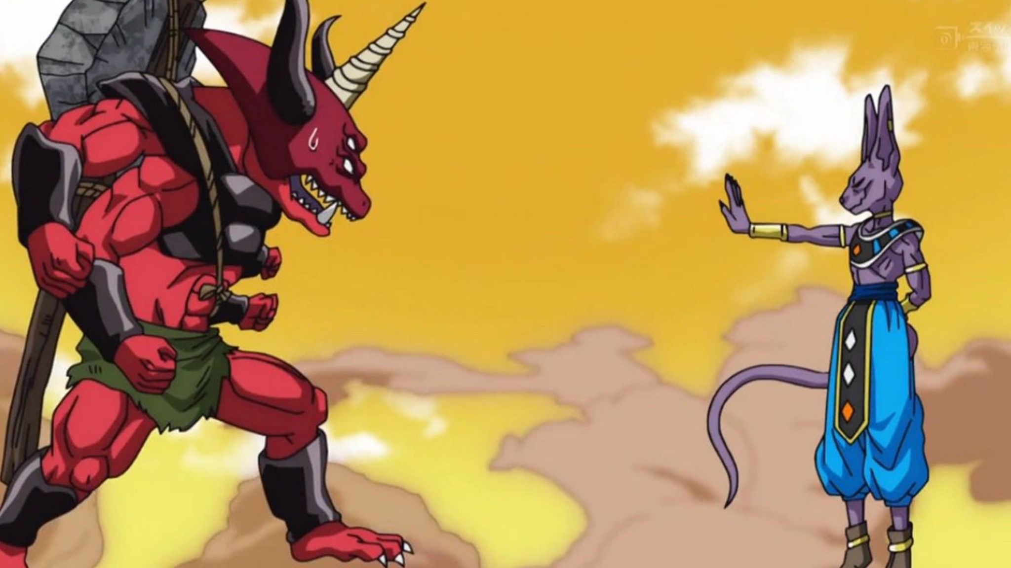 Beerus and a Moginaian warrior in Dragon Ball Super