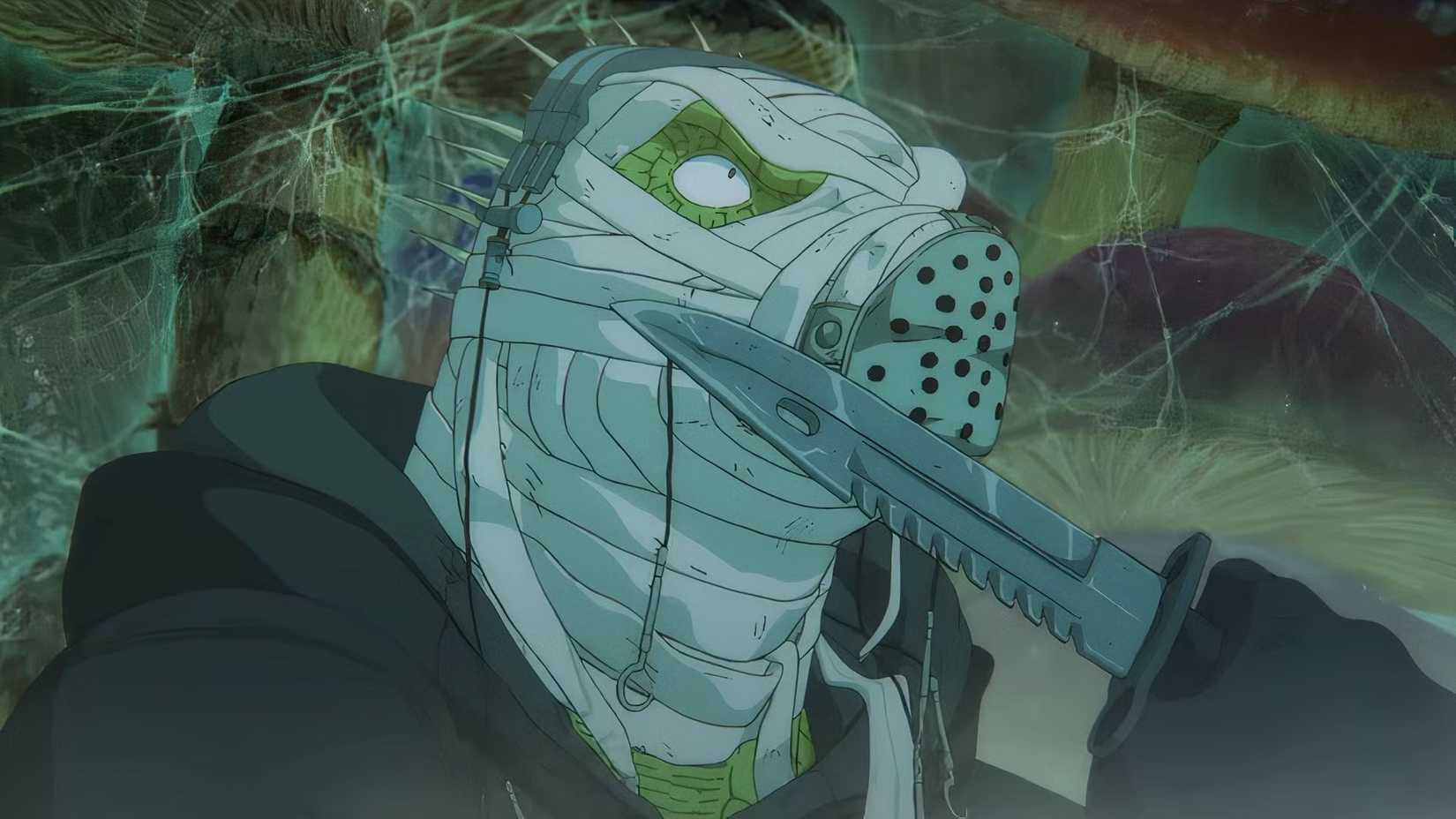 Caïman tient un couteau avec le visage bandé à Dorohedoro