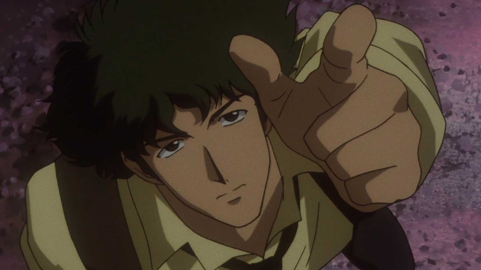 Spike makes a finger gun in Cowboy Bebop's "Sympathy for the Devil."