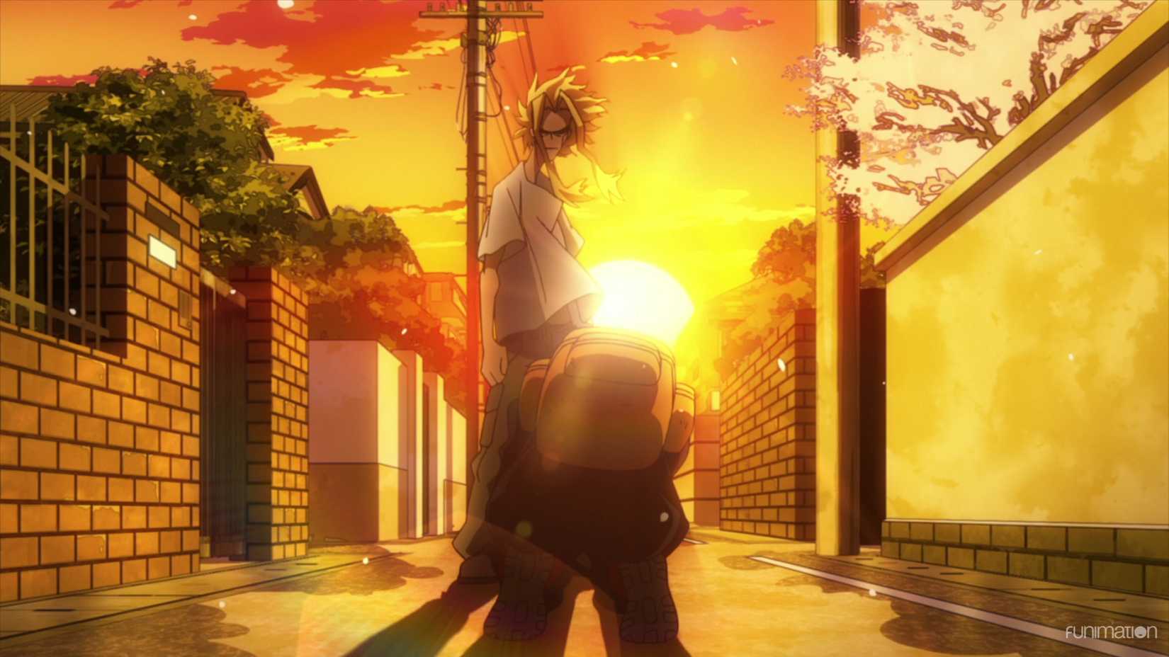 Deku kneels in front of All Might in My Hero Academia