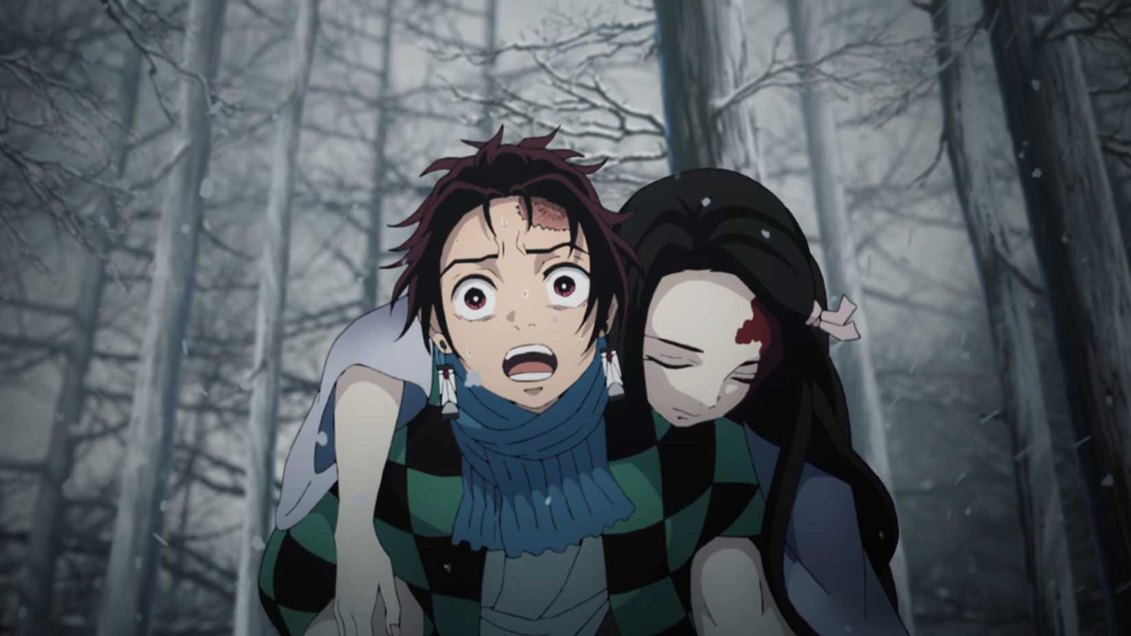 Demon Slayer Kimetsu no Yaiba opening scene with Tanjiro carrying Nezuko on his back