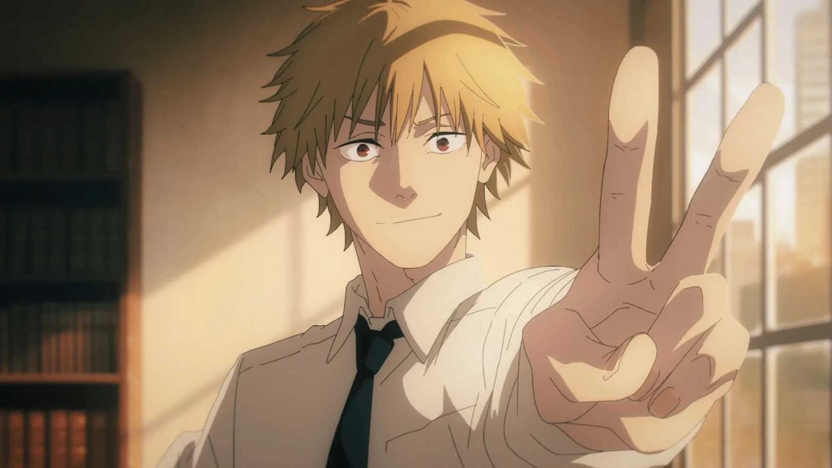 Denji holding up a victory sign in Chainsaw Man