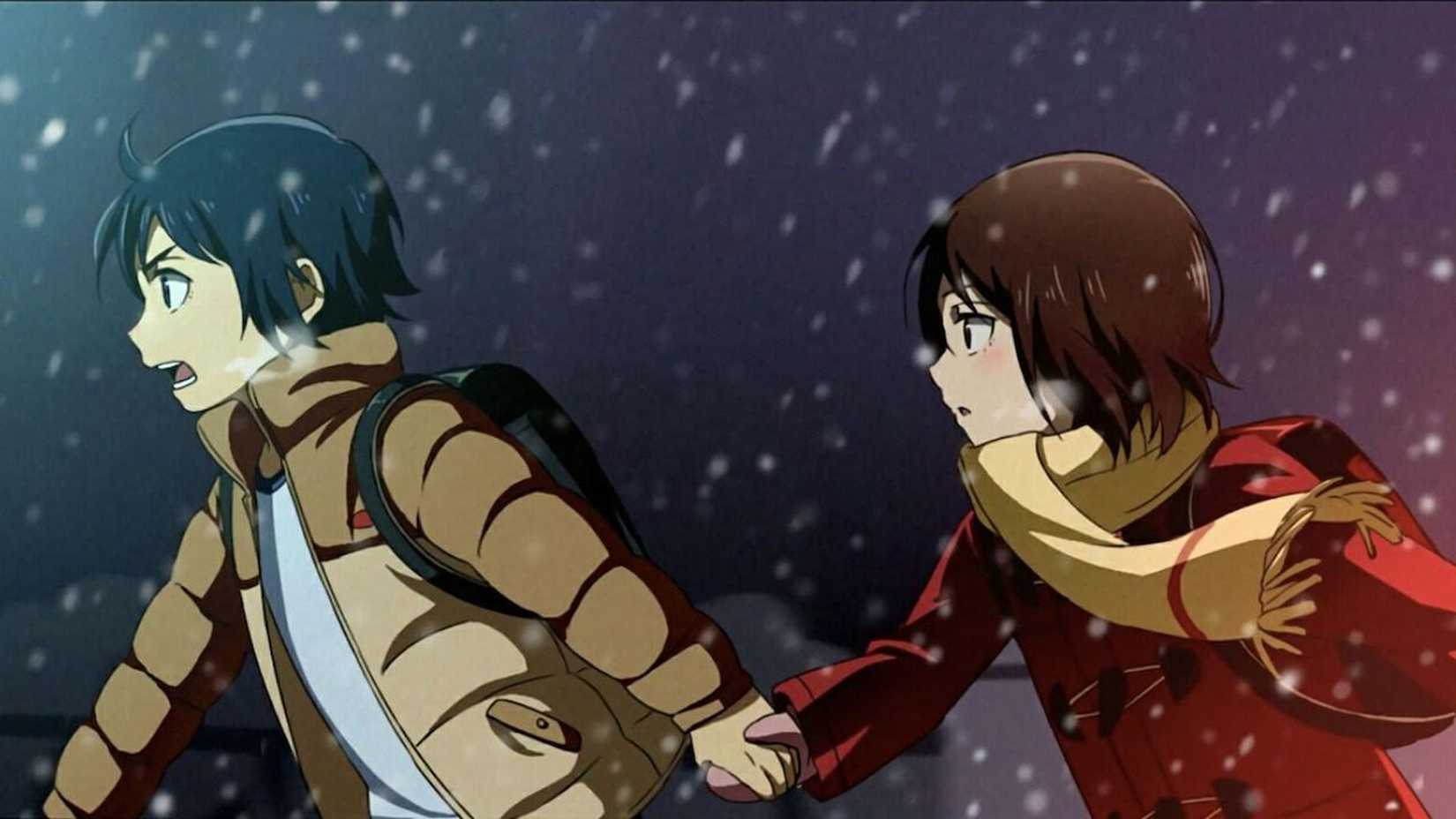 Satoru and Kayo running through the snow in Erased.