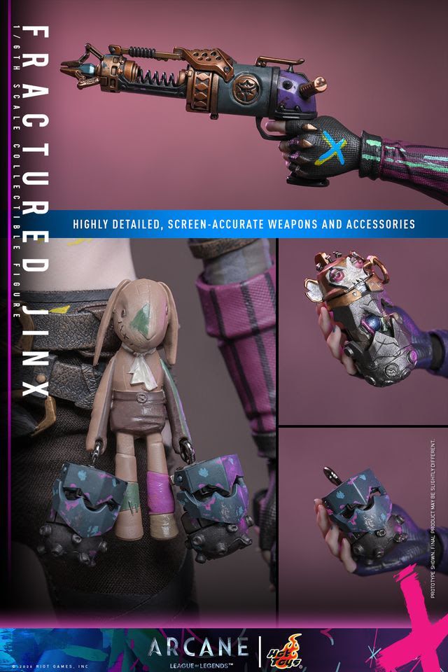The Fractured Jinx Sixth Scale Collectible Figure is based on Jinx's appearance in Arcane: League of Legends Season 2, featuring a punk rock aesthetic suited for battle. 