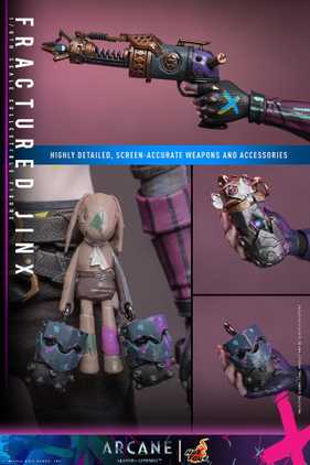 The Fractured Jinx Sixth Scale Collectible Figure is based on Jinx's appearance in Arcane: League of Legends Season 2, featuring a punk rock aesthetic suited for battle.