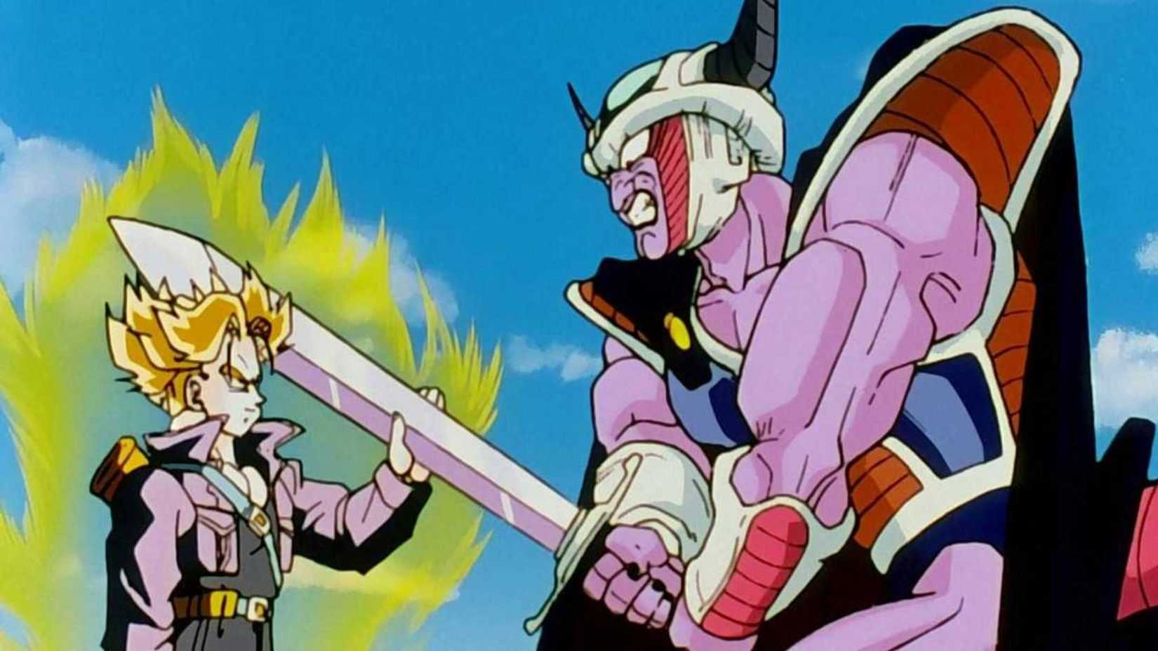 Future Trunks catching his own sword from King Cold in Dragon Ball Z.