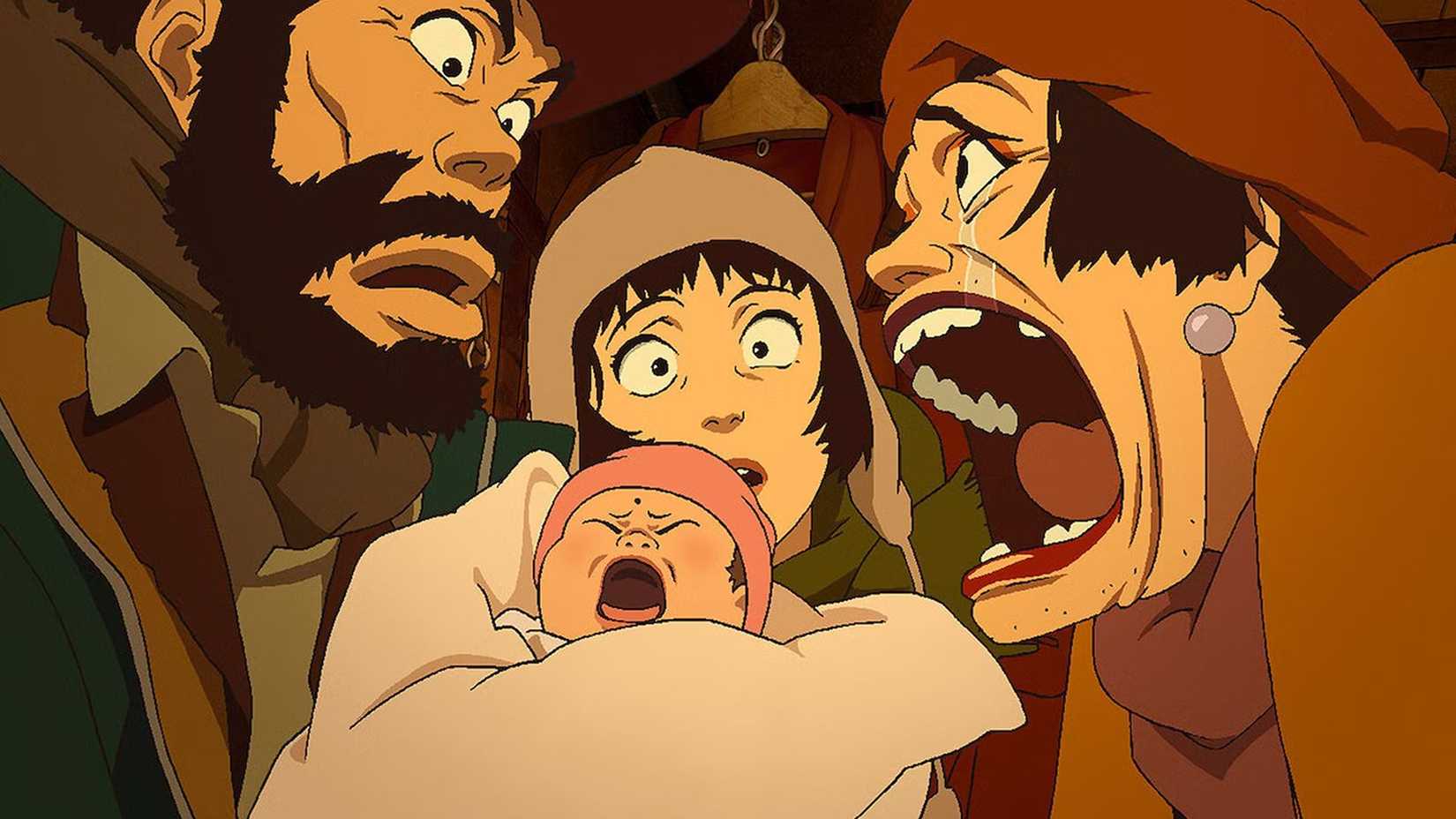 Gin, Miyuki, and Hana with the baby in Tokyo Godfathers