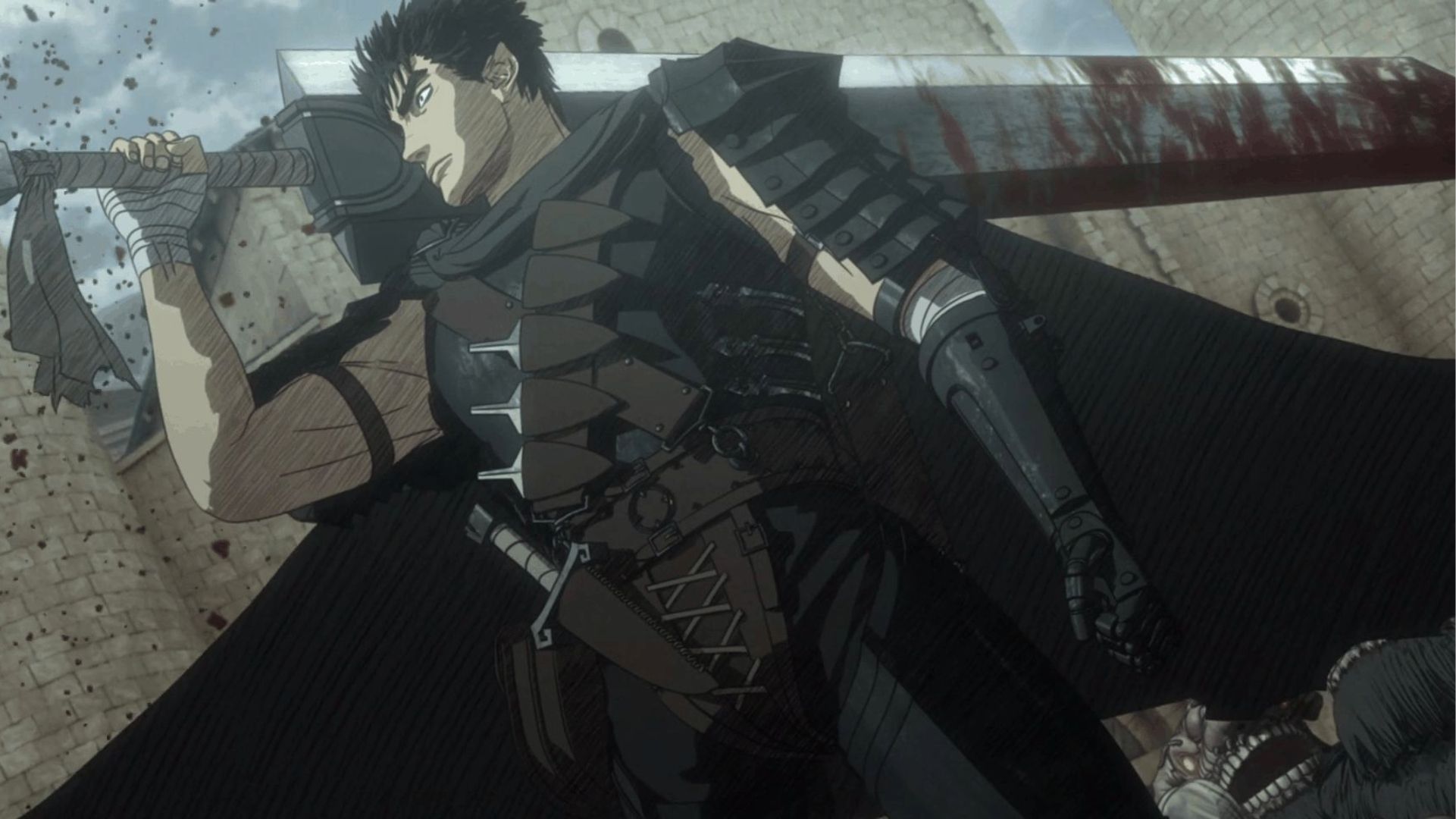 Guts posant avec le Dragon Slayer dans l'anime Berserk
