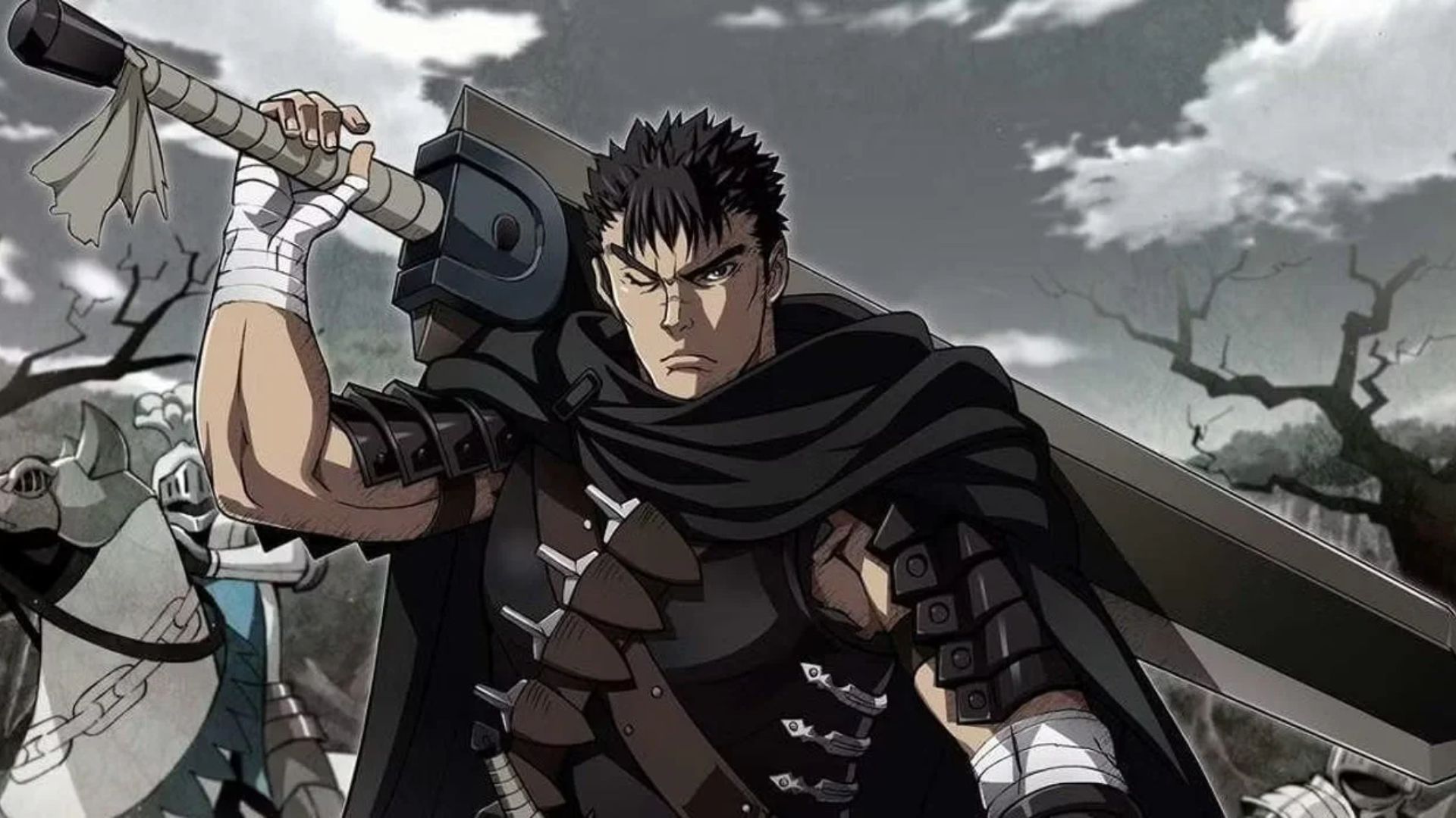 Guts posant avec le Dragon Slayer dans l'anime Berserk