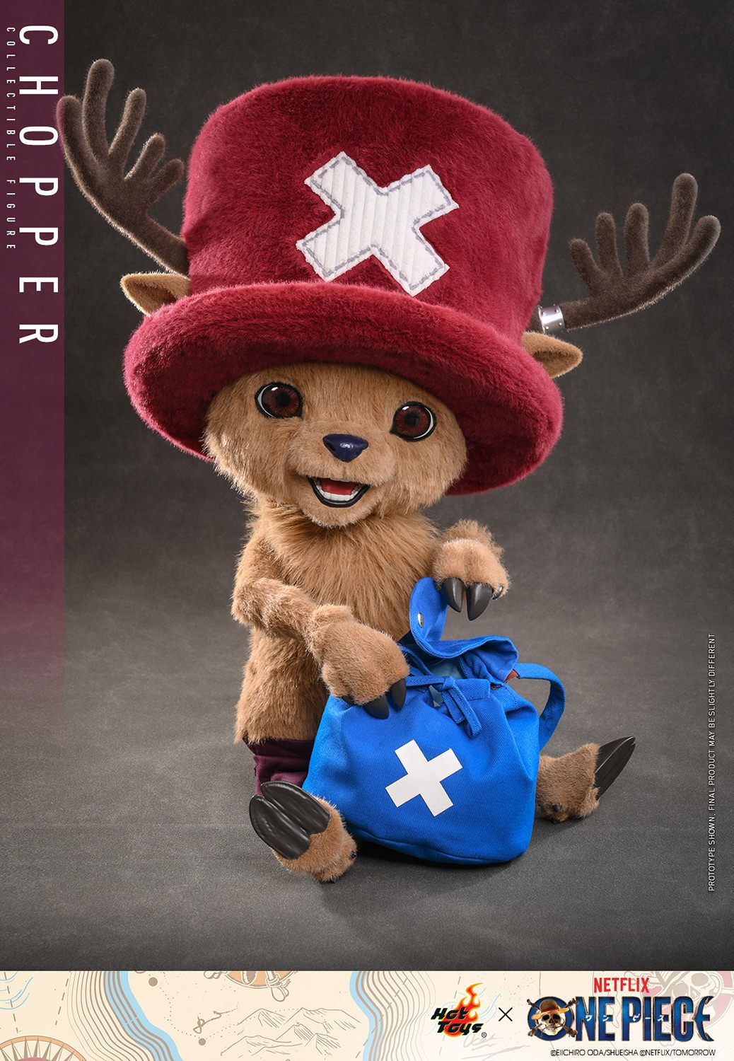 Standing 48.5 cm (19”) tall, the Tony Tony Chopper Collectible Figure has a specialized soft and squishy body covered in brown plush fabric, faithfully capturing his appearance on the live-action One Piece series on Netflix.