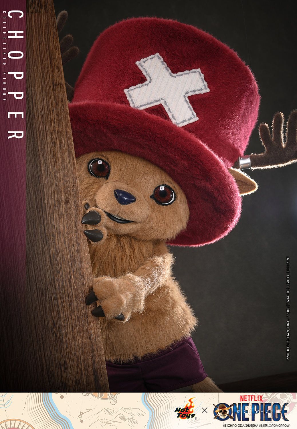 Standing 48.5 cm (19”) tall, the Tony Tony Chopper Collectible Figure has a specialized soft and squishy body covered in brown plush fabric, faithfully capturing his appearance on the live-action One Piece series on Netflix.